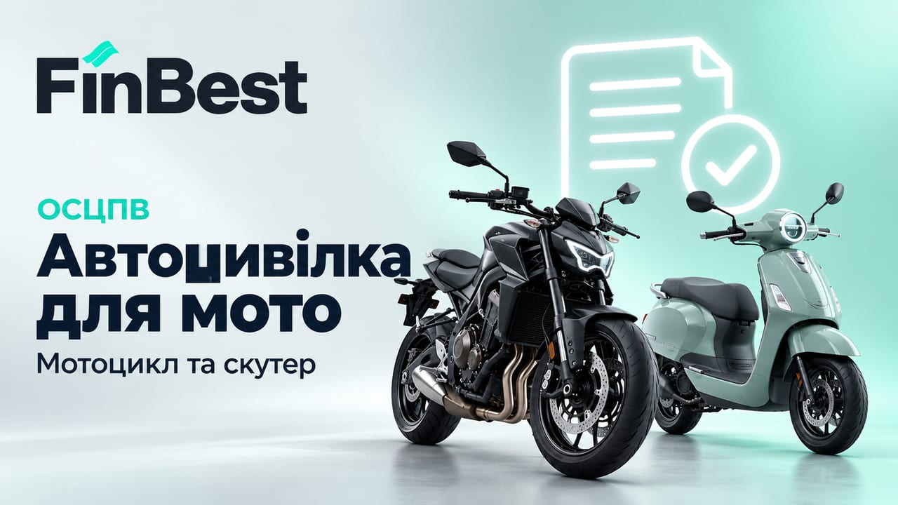 Чорний мотоцикл і м’ятно-сірий скутер поруч із піктограмою страхового документа — автоцивілка для мототранспорту на FinBest.