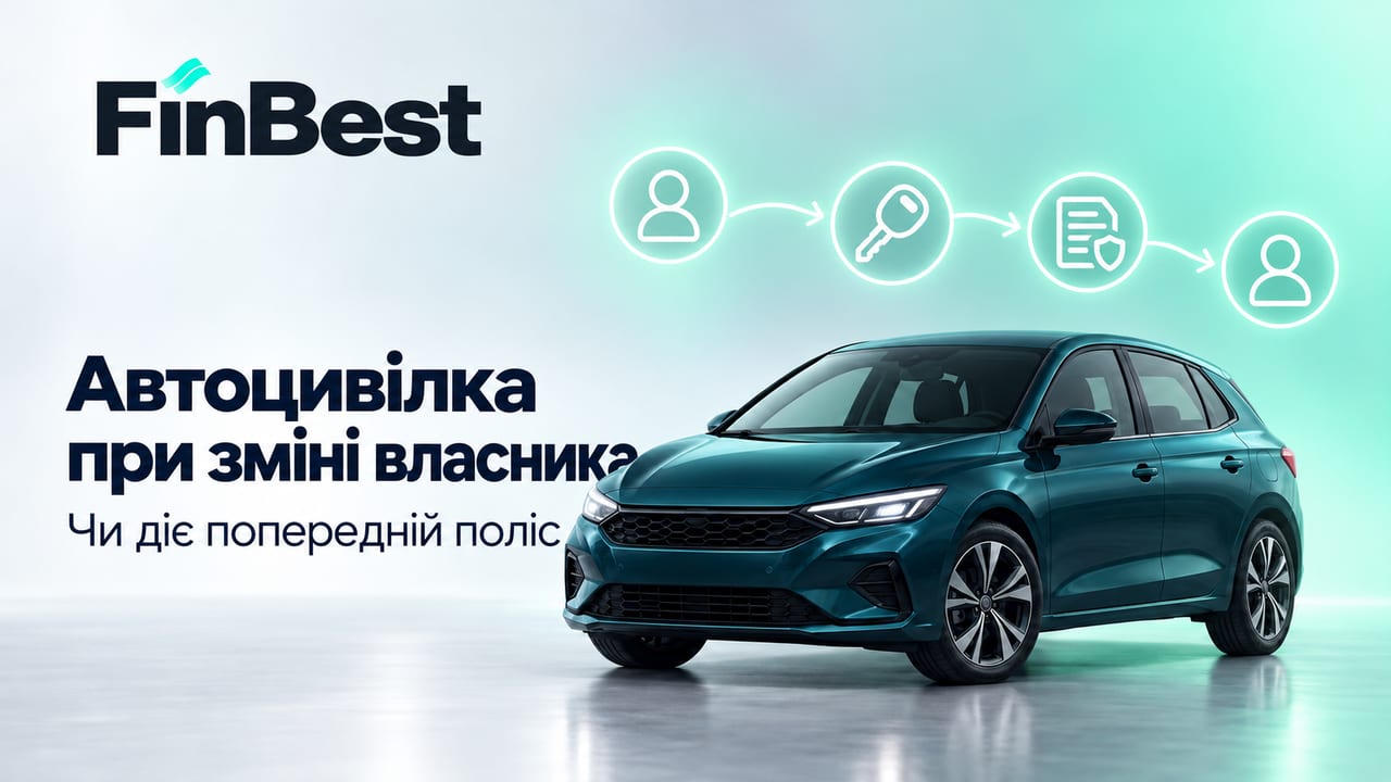 Перевірте чинний поліс і порівняйте автоцивілку на FinBest. Бірюзовий автомобіль, ключ і піктограми власників — автоцивілка після зміни власника.