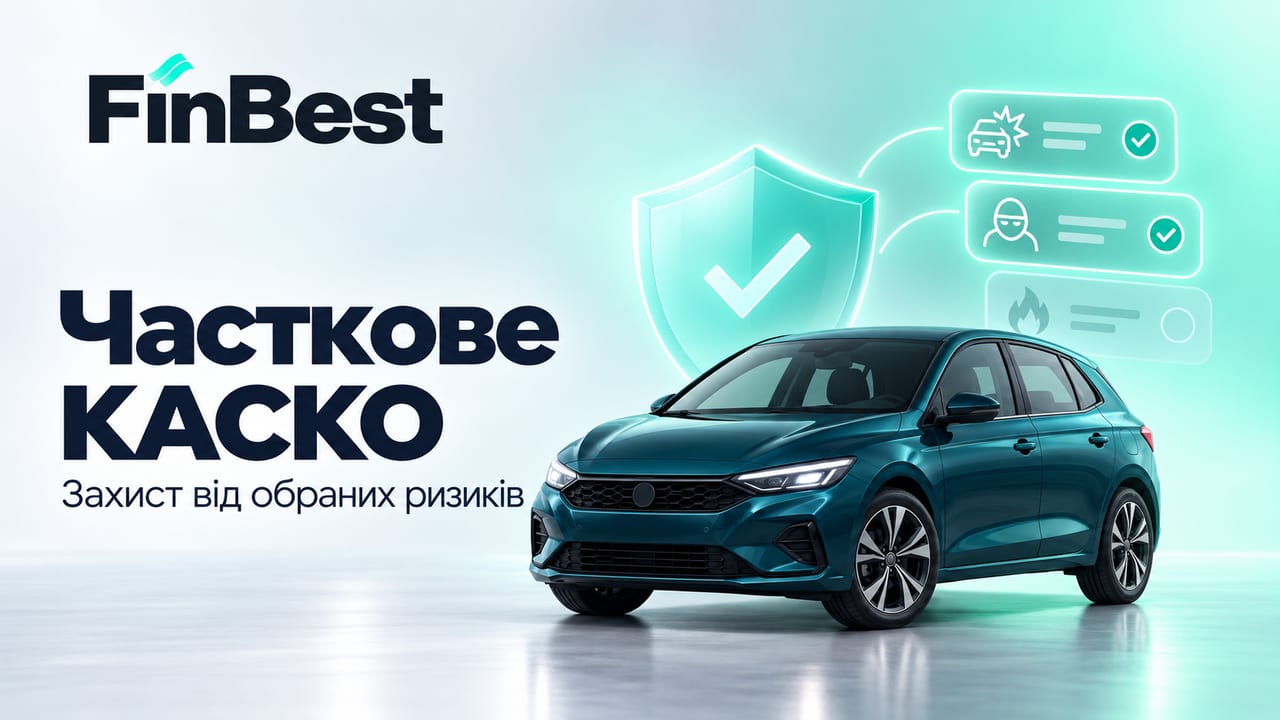 Оберіть програму КАСКО за потрібними ризиками на FinBest. Бірюзовий автомобіль, щит і вибрані картки ризиків — часткове КАСКО.