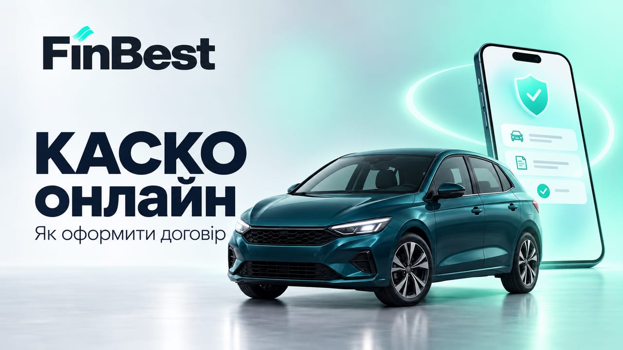 Розрахуйте вартість та оформіть КАСКО онлайн на FinBest. Бірюзовий автомобіль і смартфон зі страховим документом — оформлення КАСКО онлайн.