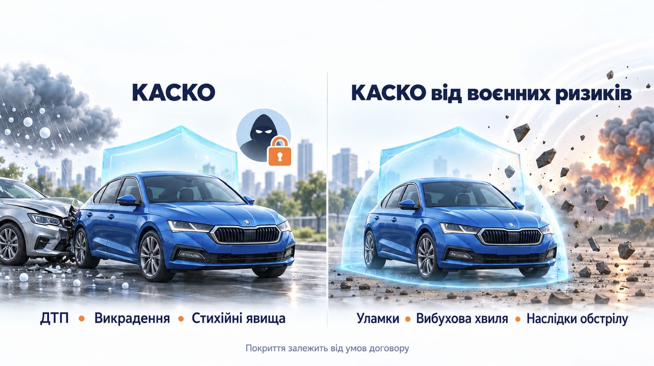 Порівняння КАСКО: звичайне покриття ДТП, викрадення та стихійних явищ і воєнне покриття уламків, вибухової хвилі та наслідків обстрілу. Покриття залежить від умов договору.