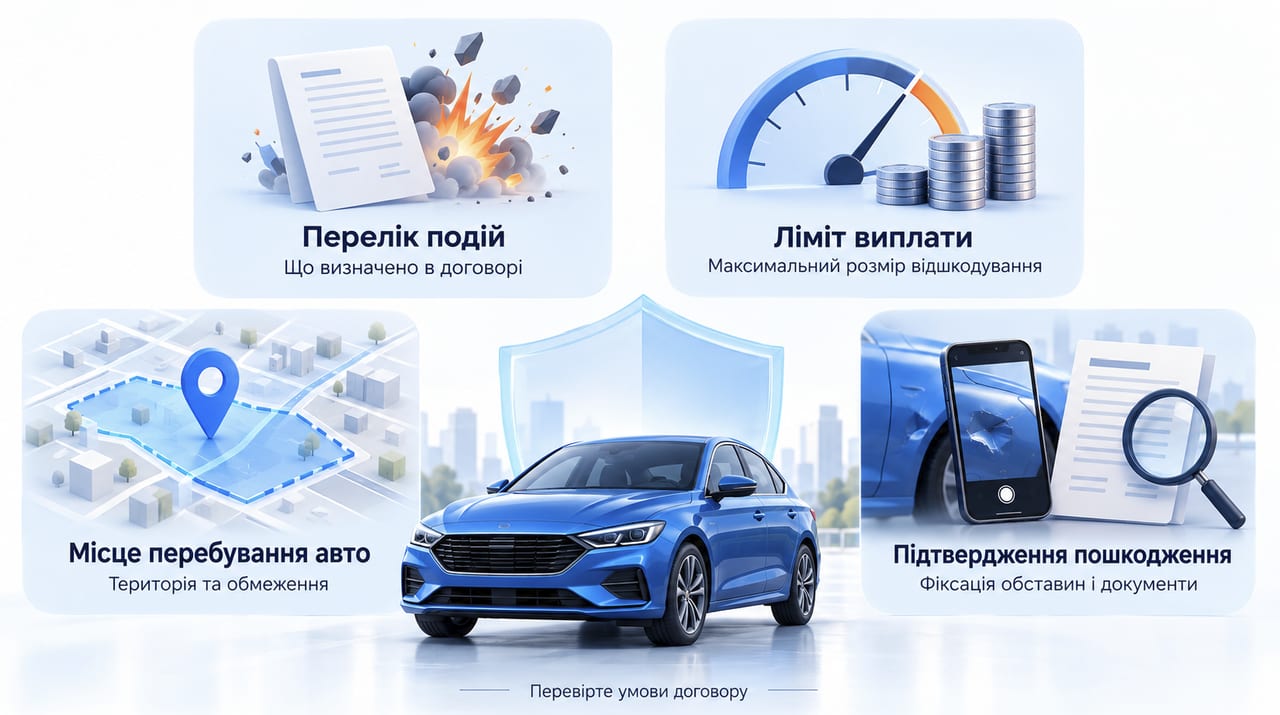 Умови воєнного покриття: перелік подій у договорі, ліміт виплати, територія перебування авто та документальне підтвердження пошкодження.