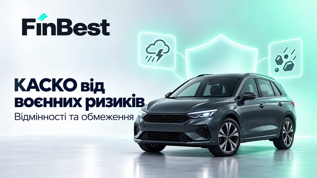 Уточніть умови страхування авто від воєнних ризиків на FinBest. Графітовий автомобіль, щит і картки ризиків — порівняння звичайного та воєнного покриття КАСКО.