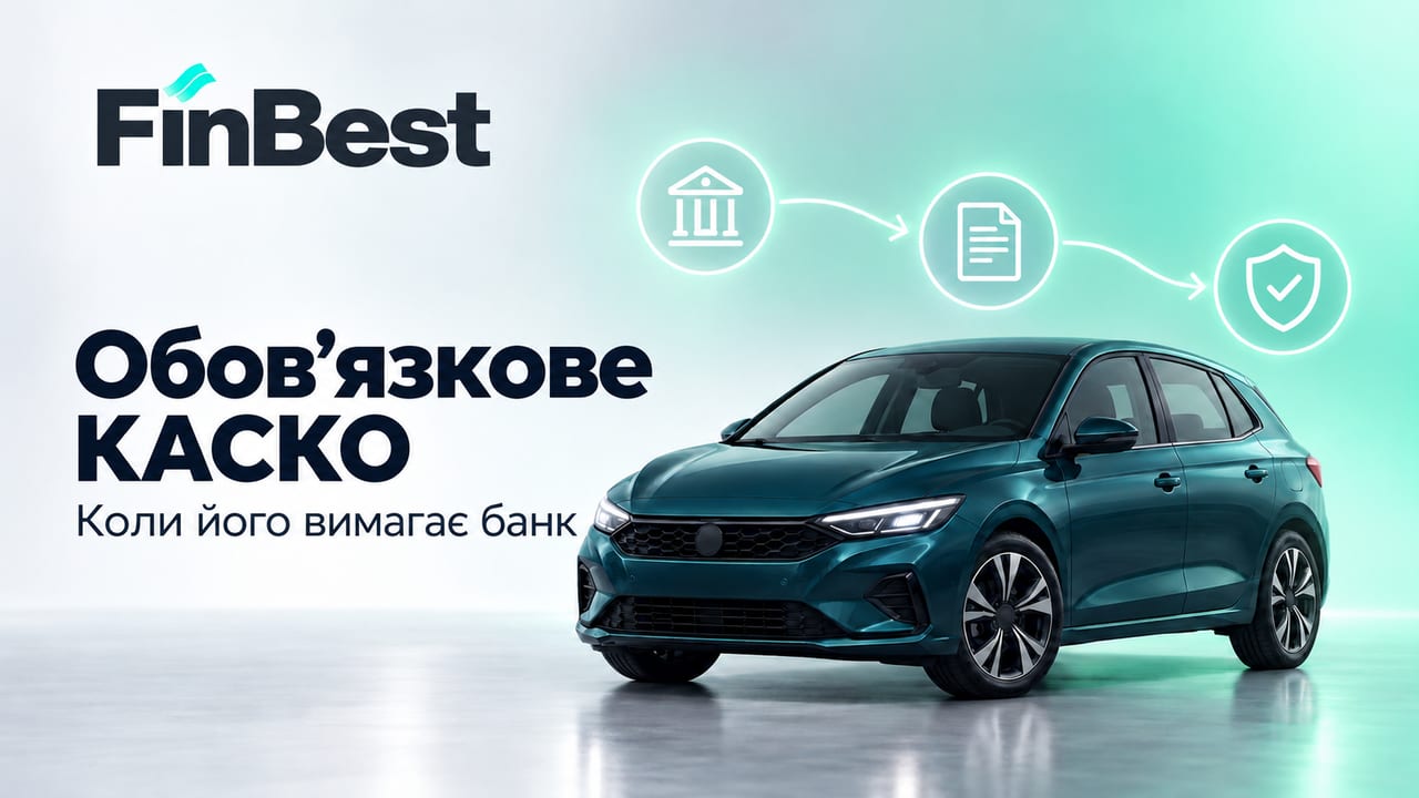 Перегляньте умови КАСКО для вашого автомобіля на FinBest. Бірюзовий автомобіль, банк, договір і щит — вимога КАСКО під час кредитування.