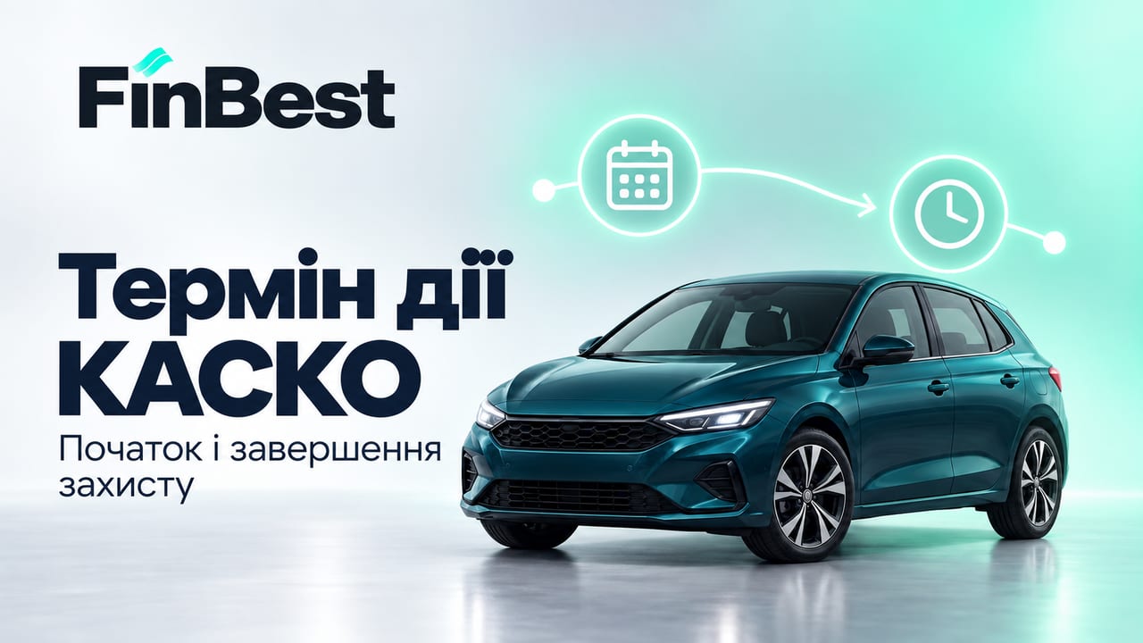Перегляньте умови оформлення КАСКО на FinBest. Бірюзовий автомобіль, календар і годинник — початок та завершення дії КАСКО.