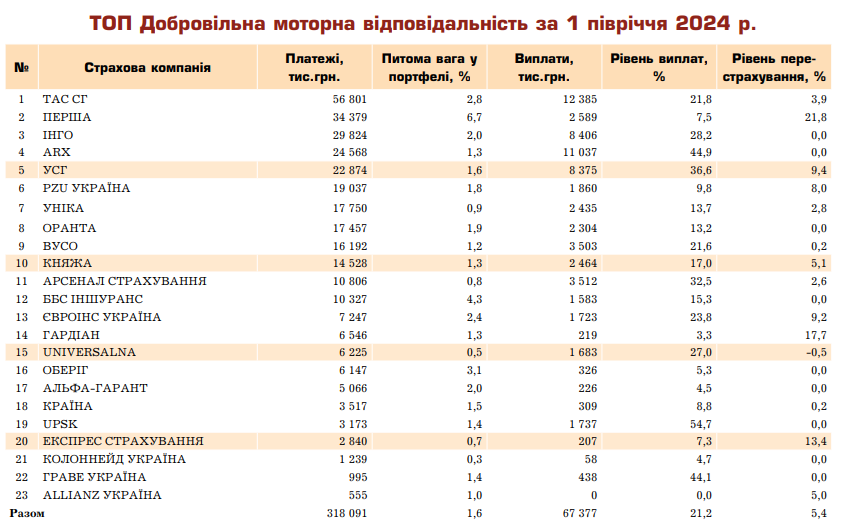 Зображення 5. Додаткова / розширена автоцивілка (ДЦВ). Рейтинг страхових компаній за 6 місяців 2024 року