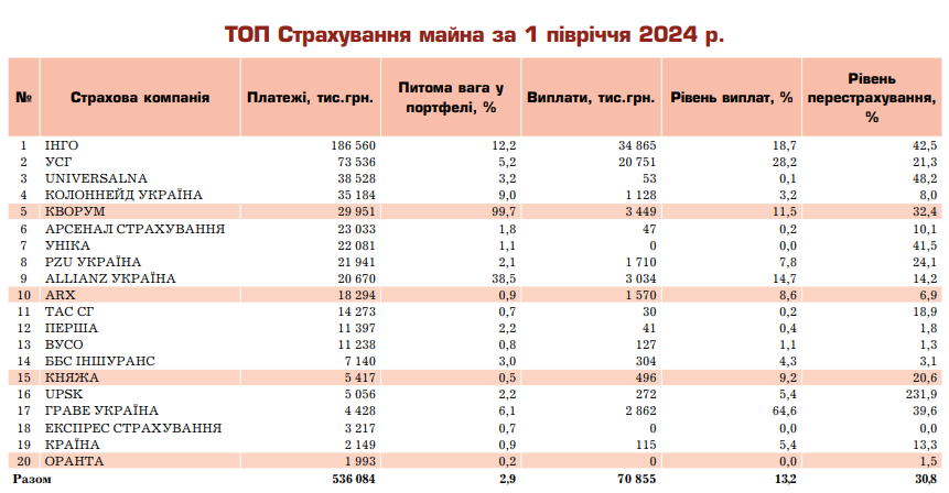 Зображення 3. Майнове страхування. Рейтинг страхових компаній за 1 півріччя 2024 року