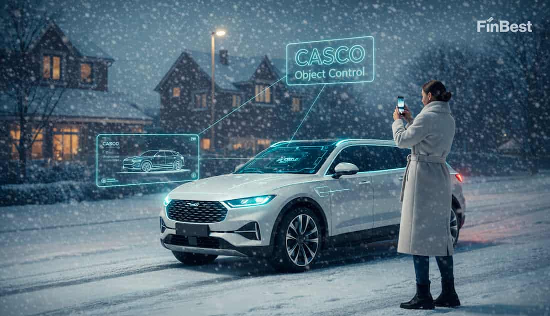 Жінка взимку фотографує білий позашляховик на засніженій вулиці, на екрані смартфона видно авто, а навколо машини сяють неонові позначки CASCO Object Control.
