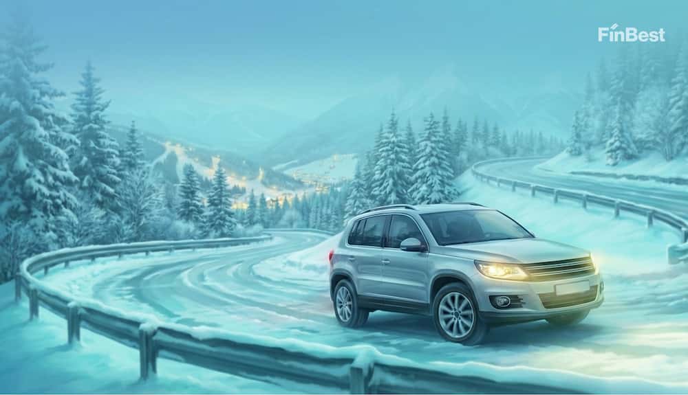 Позашляховик на засніженому гірському серпантині Карпат 2026 — онлайн-страхування авто FinBest.