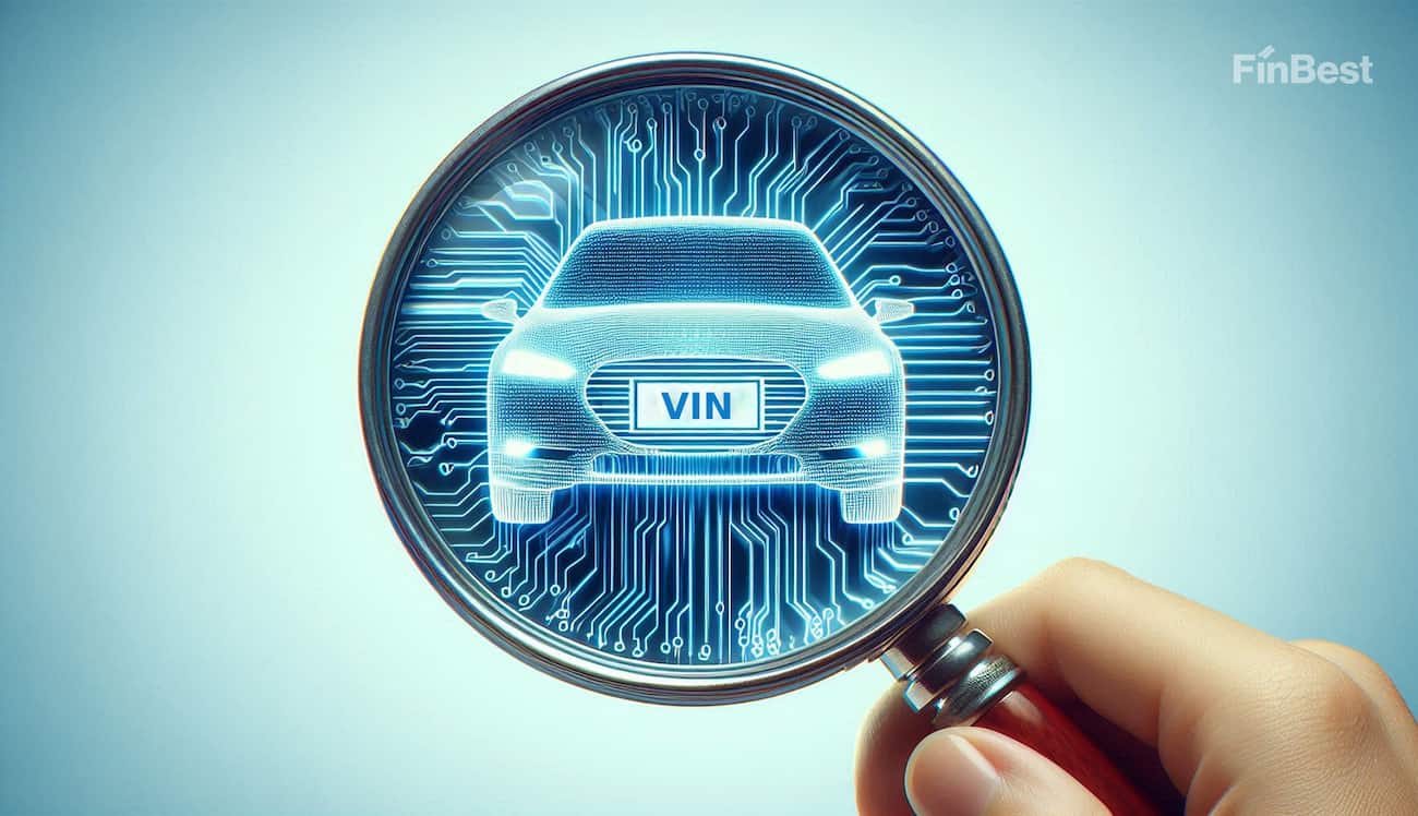 Зображення автомобіля, на який наведено лупу для перевірки VIN-коду — ключового елементу для оформлення електронного страхового поліса ОСЦПВ, Зелена картка або КАСКО онлайн через FinBest. Знання VIN-коду — важливий етап при купівлі поліса на онлайн-маркетплейсі FinBest. Автомобіль під лупою: ілюстрація перевірки VIN-коду перед оформленням автомобільної страховки (автоцивілки, зеленки, КАСКО) онлайн на FinBest