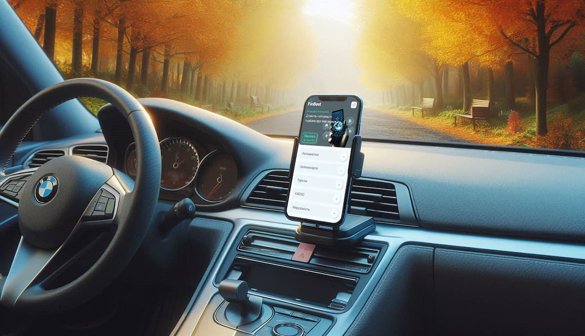 Тепла осінь, спокійна дорога й упевненість у кожному кілометрі. Онлайн-страхування FinBest — щоб кожна поїздка була під надійним захистом. Водій за кермом на осінній дорозі — символ безпечного руху та страхування онлайн FinBest