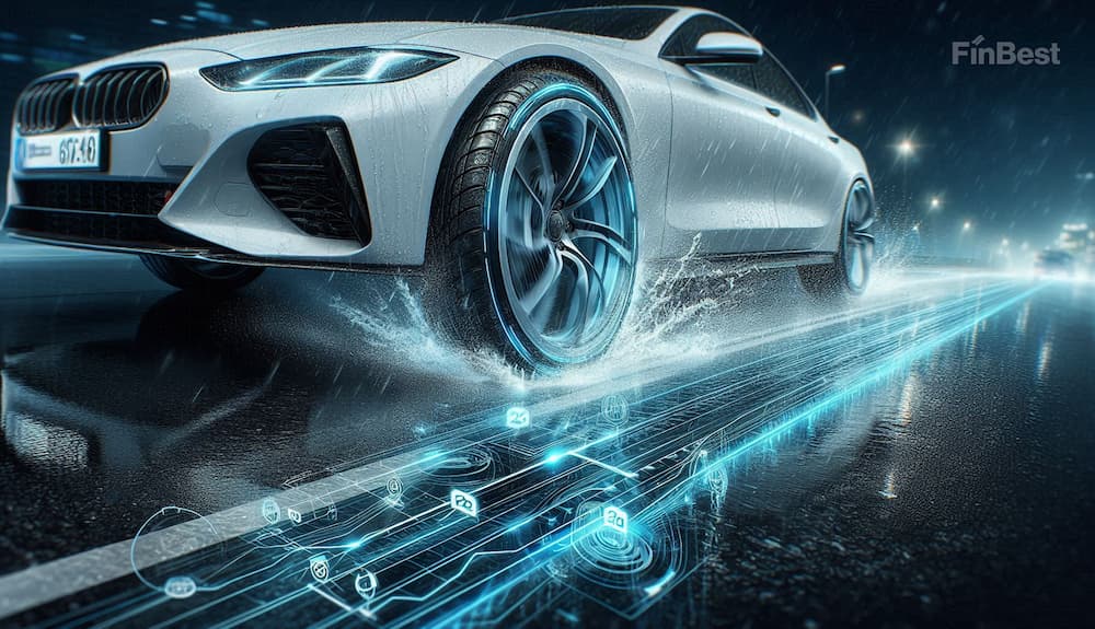 Автомобіль гальмує на мокрому асфальті в дощ — ілюстрація безпечного водіння в осінньо-зимовий період