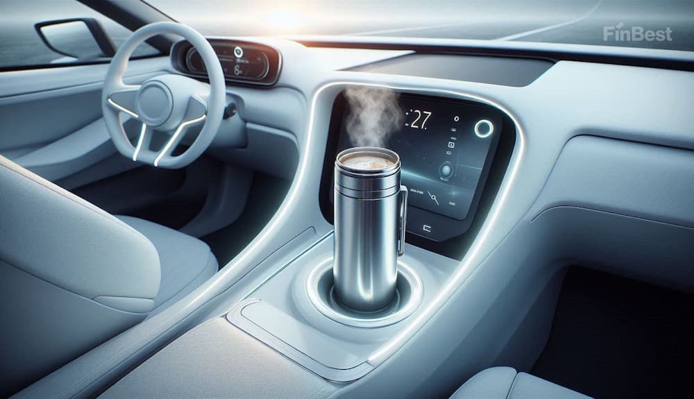 Ранковий салон автомобіля з термокружкою кави на центральній консолі — ілюстрація до теми мікросну, втоми водія та безпеки кермування.