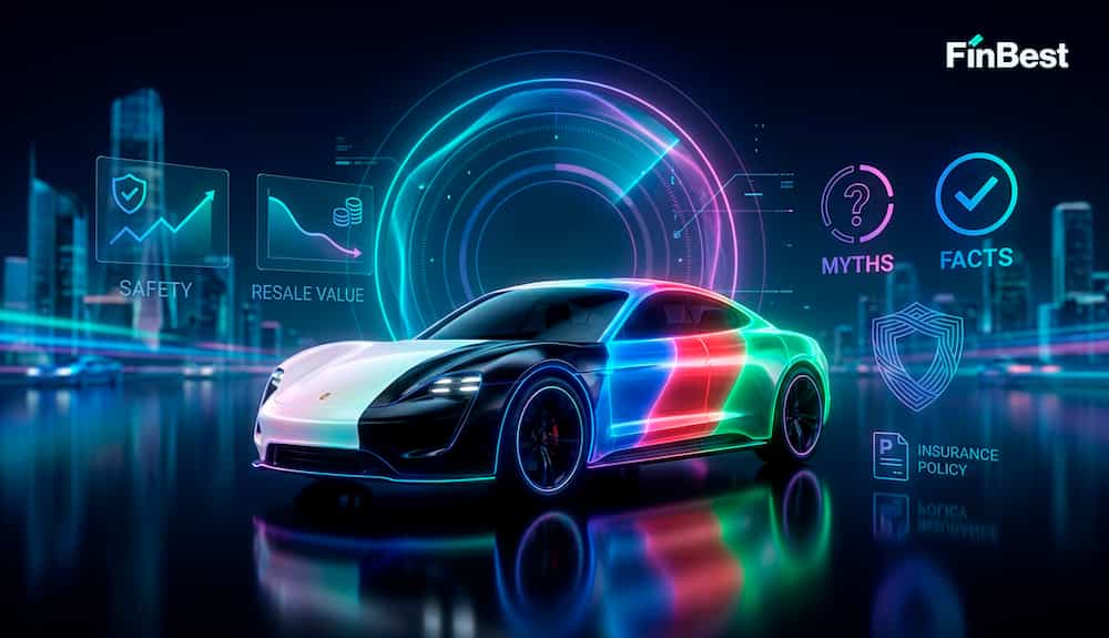 Автомобіль з різними кольорами кузова з неоновою візуалізацією міфів і фактів про автострахування.