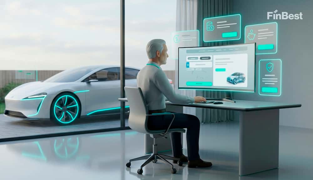 Digital-пенсіонер за комп’ютером оформлює пільгову автоцивілку онлайн через калькулятор FinBest, а його автомобіль припаркований у дворі за вікном.