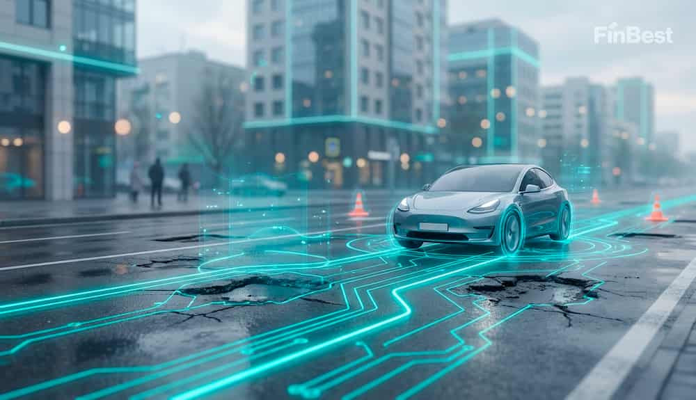 Автомобіль на пошкодженій дорозі з ямами та цифровою навігацією.