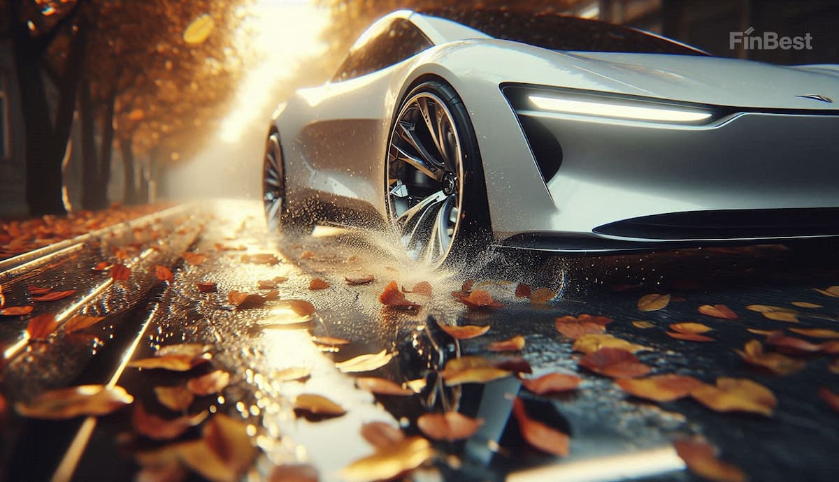 Автомобіль на гірській дорозі восени, шини крупним планом, символ безпеки та європейських стандартів