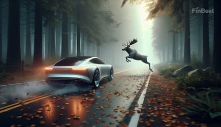 Автомобіль на осінньо-зимовій лісовій дорозі Житомирщини, перед яким раптово з’являється лось — типова сезонна небезпека для водіїв.