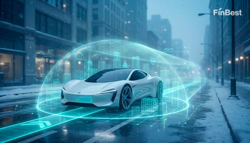 Автомобіль під цифровим захисним куполом у зимовому місті — символ онлайн-страхування авто через FinBest без відвідування офісу страховика.