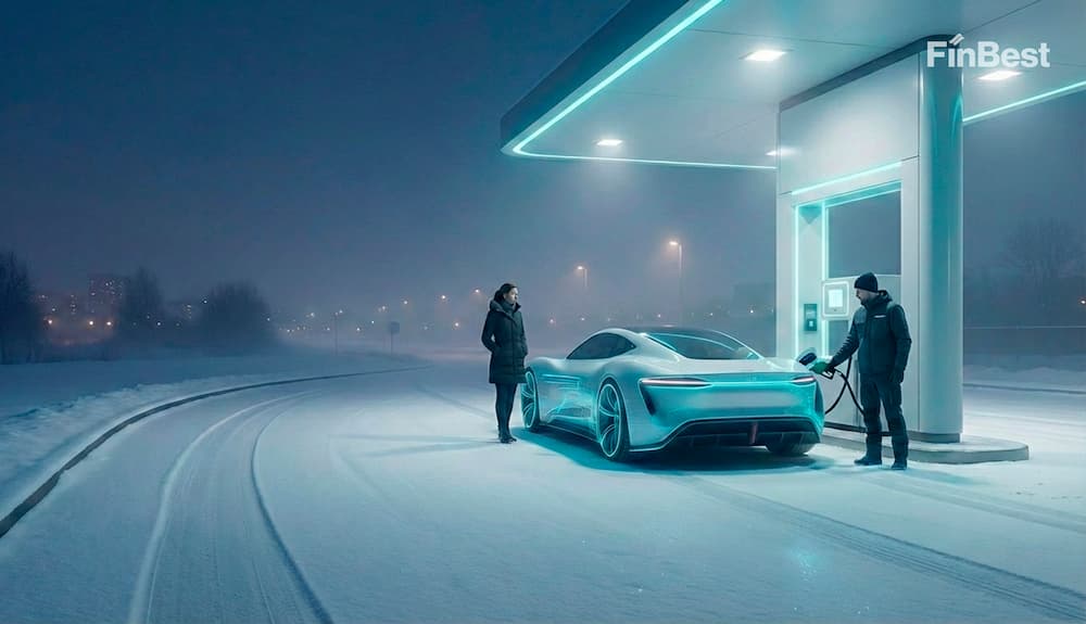 Сучасний електромобіль на зимовій АЗС у сутінках — правила безпеки та онлайн-страхування авто на FinBest