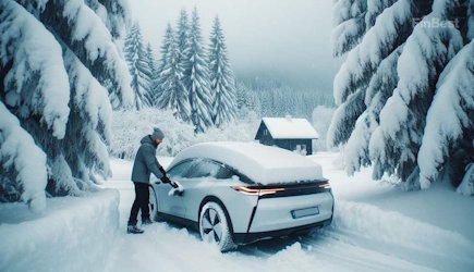 Водій очищає засніжене авто взимку біля лісу – підготовка автомобіля до зимового кермування 2026 з онлайн-страхуванням FinBest