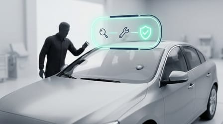 Майстер СТО оглядає скол на лобовому склі автомобіля перед ремонтом за КАСКО, оформленим онлайн на сайті FinBest