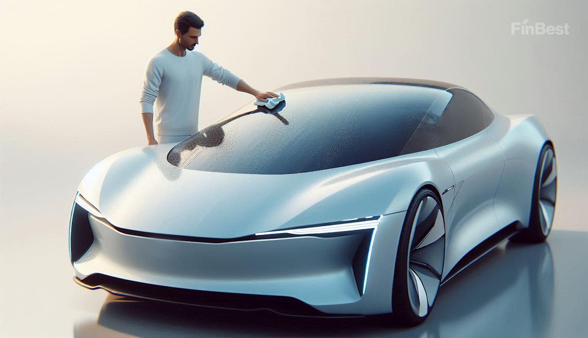 Чоловік очищує лобове скло автомобіля на стоянці, протираючи його мікрофіброю, щоб забезпечити хорошу видимість восени та взимку.