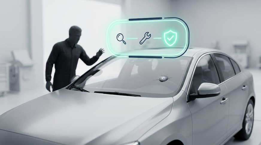 Майстер СТО оглядає скол на лобовому склі автомобіля перед ремонтом за КАСКО, оформленим онлайн на сайті FinBest